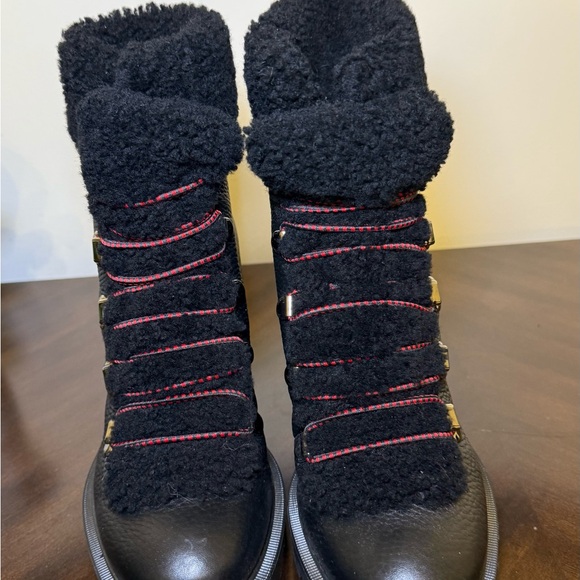 Christian Louboutin Black and Red Ankle Boots with Shearling Trim - Picture 2 of 6